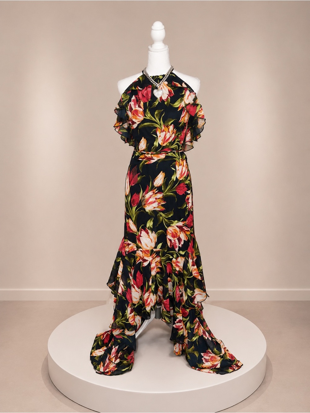 Floral Halter Ruffle Maxi Dress - Dark Navy Blue Multi